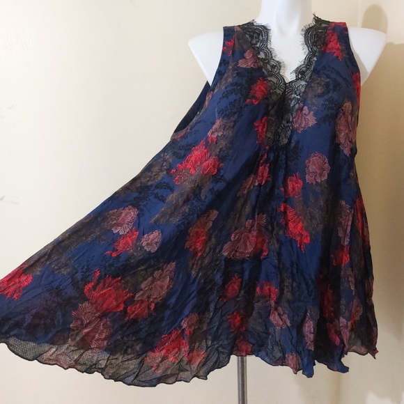 Free People Intimately Blue Red Floral Flowy Lace Short Dress Nightgown Tunic - Picture 4 of 13